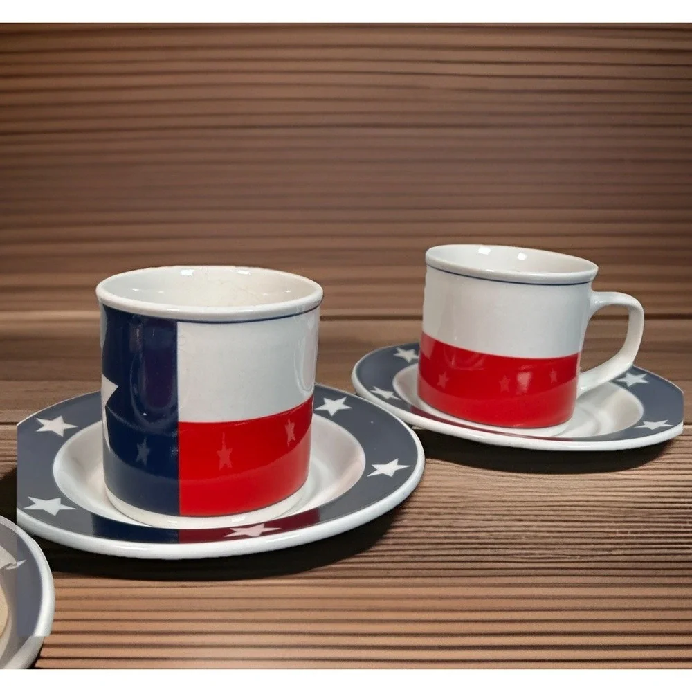 Set of 3 Texas Lone Star Cups & Saucers Patriotic Red White Blue Totally Today